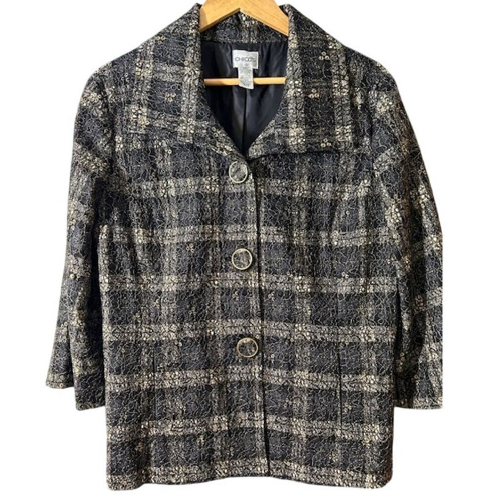 CHICO'S Women's Blazer Jacket Sz 2 LARGE Black Tan Plaid Gold Lace Overlay